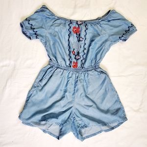 Denim Style Romper with Sweet Embroidery